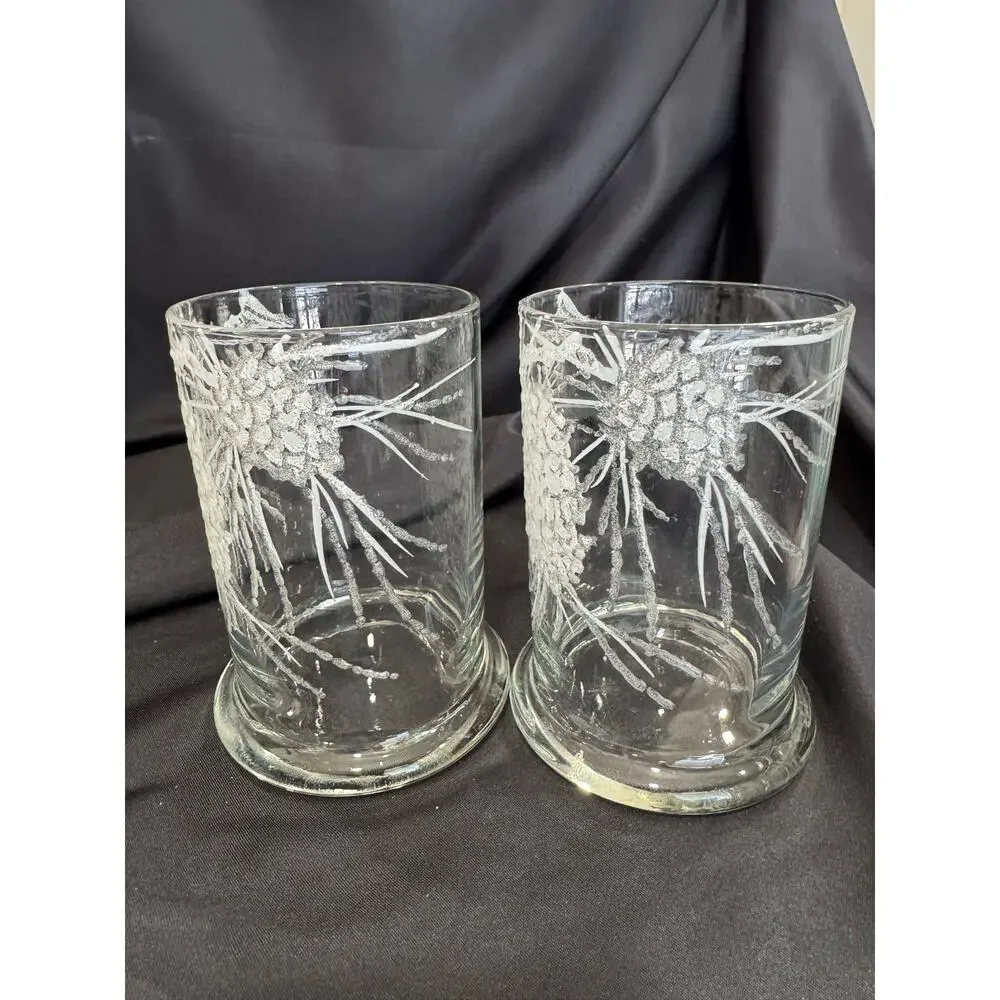 Rare Vintage Set of 2 Dorothy Thorpe Glass Tumblers with Lucite Pinecones Art